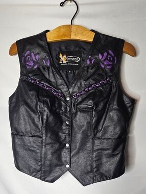 Xelement Women's Black Leather Motorcycle Vest Purple Embroidered Roses Braided